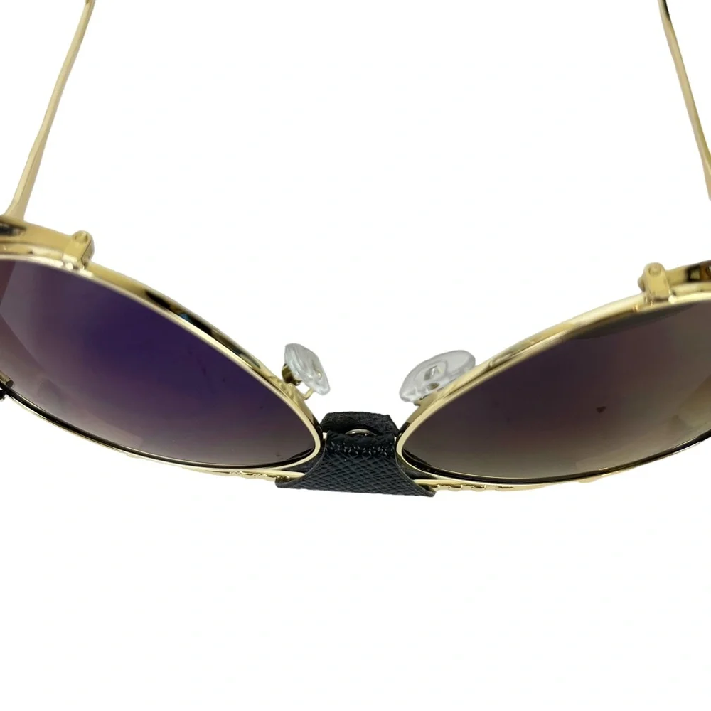 AVIATOR Gold Metal Frame Blue Purple Lense Faux Leather Black Trim Sunglasses - Picture 12 of 15